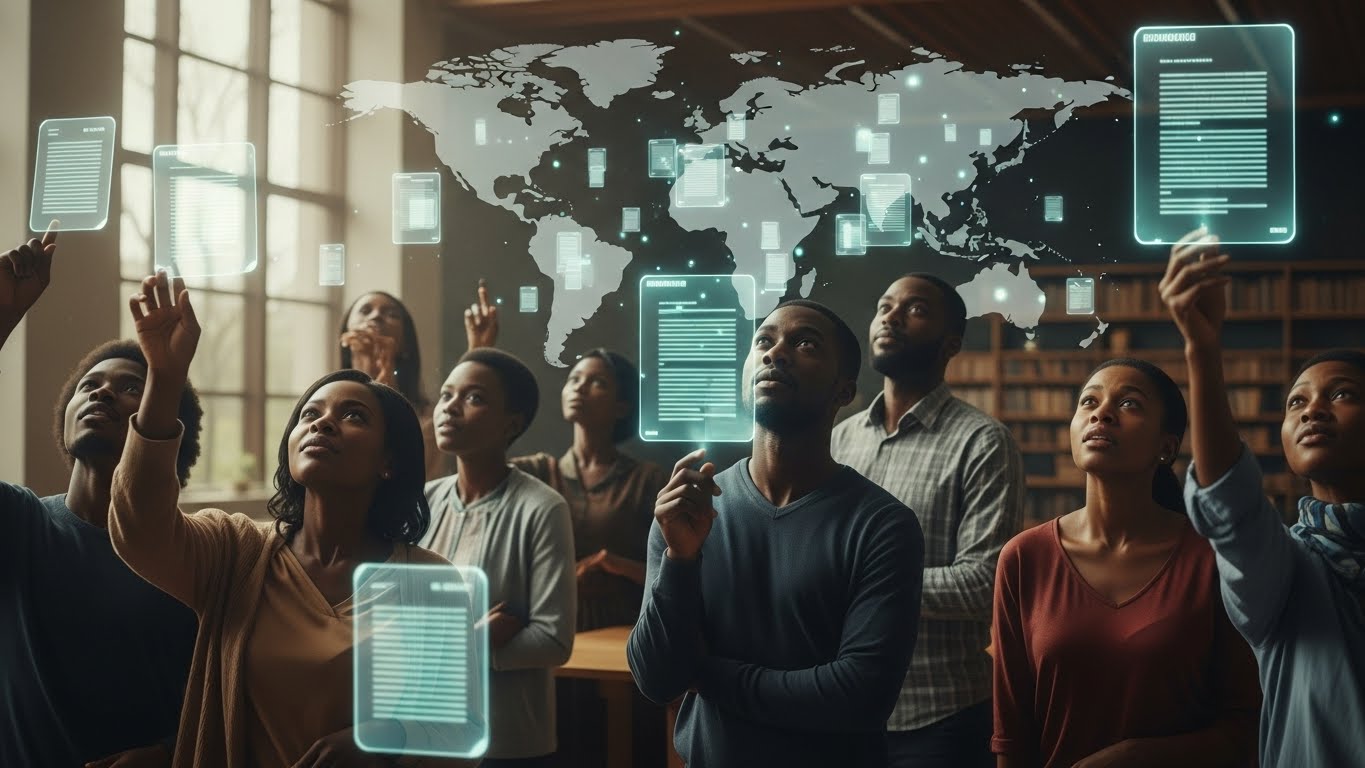 Digital beams of light representing authoritative content reach miniature human figures positioned across a stylised world map, symbolising trusted information spreading to different geographic regions.